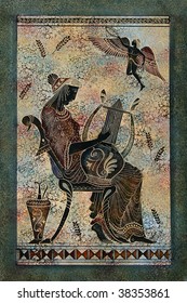 Greece Mural Painting, Woman -mythical Muse - Harp