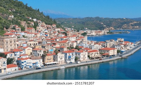 greece peloponnese region gytheio town lighthouse coastal houses chapel and boats aerial view - Powered by Shutterstock