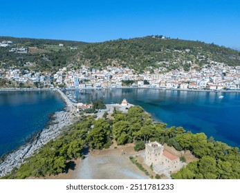 greece peloponnese region gytheio town lighthouse coastal houses chapel and boats aerial view - Powered by Shutterstock