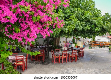 Greece, Rhodes Island, Vati Village, Petrino Tavern, July 2017.
Tables Of A Street Cafe Under Flowering Trees