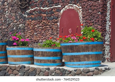 Greece, Santorini, Planted Wine Barrels At A Winery