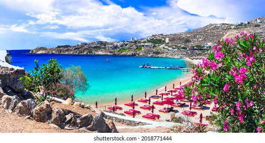 Greece summer holidays. Cyclades .Most famous and beautiful beaches of Mykonos island - Super Paradise beach popular tourist resort - Shutterstock ID 2018771444