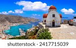  Greece travel- beautiful Kalymnos island, Dodecanese. view of town and agios Savvas monastery
