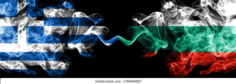 Greece Vs Bulgaria, Bulgarian Smoky Mystic Flags Placed Side By Side. Thick Colored Silky Abstract Smoke Flags.