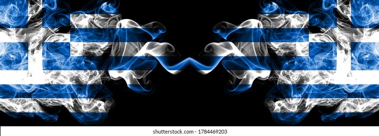 Greece Vs Greece, Greek Smoky Mystic Flags Placed Side By Side. Thick Colored Silky Abstract Smoke Flags.