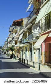 Greece, Zakynthos, street and different homes with balconies 