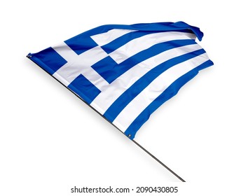 Greece's flag is isolated on a white background. flag symbols of Greece. close up of a Greek flag waving in the wind.