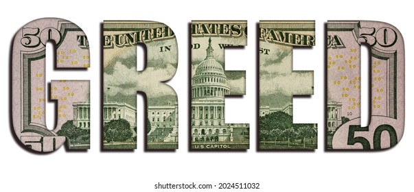 GREED Word 50 US Real Dollar Bill Banknote Money Texture on White Background