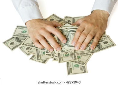 Greedy hands grabbing heap of money US  dollars
