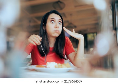 Greedy Hungry Customer Eating A Too Hot Meal In A Restaurant. Funny Woman Hurting From Spicey Traditional Dish Course 
