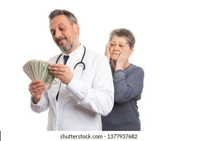 Greedy Medic Man Counting Dirty Money With Patient Looking From Behind And Making Worried Expression And Gesture Touching Face Isolated On White