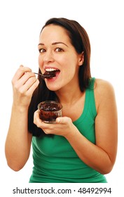 Greedy Woman Eating Chocolate Pudding