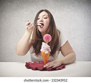 Greedy Woman Eats Sundae