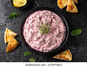 Greek Beetroot Cucumber Tzatziki Dip Sauce With Flat Bread