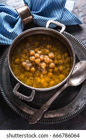 Greek Chickpea Soup On The Metal Background Top View