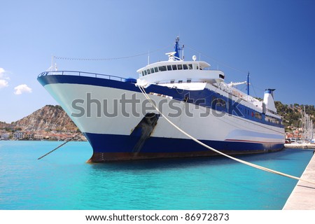 Greek Ferry boat in harbor of town,  Zakynthos  Island