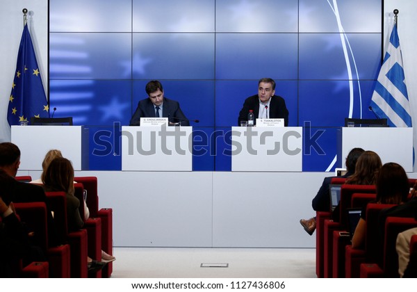 Greek Finance Minister Euclid\
Tsakalotos gives a press conference after the Eurogroup finance\
ministers meeting at the European Council in Luxembourg on June 22,\
2018
