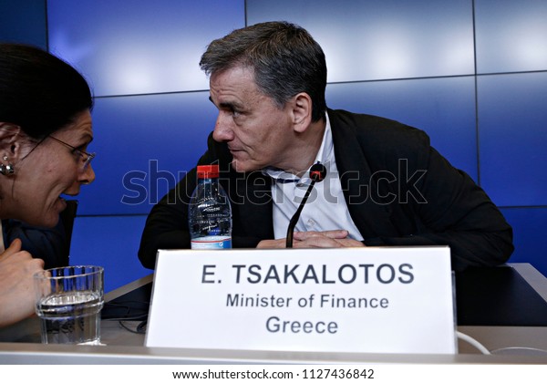 Greek Finance Minister Euclid\
Tsakalotos gives a press conference after the Eurogroup finance\
ministers meeting at the European Council in Luxembourg on June 22,\
2018