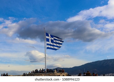 Greek Flag Flying Against Dramatic Sky Stock Photo 1088996123 ...