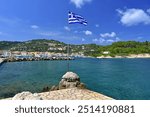 Greek flag with port.
Gaios - the capital of the island of Paxos in Greece.