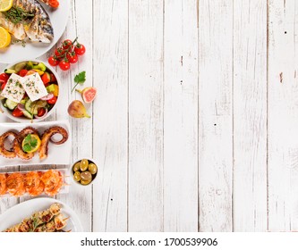 Greek Food Background. Traditional Different Greek Dishes Set. Top View.