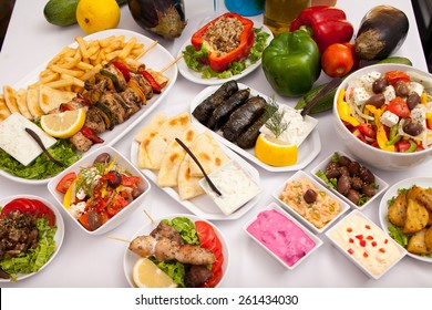 Greek Food Laid Out On Table