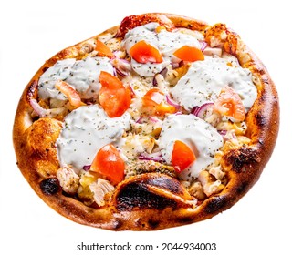 Greek Gyro PIzza With Tzatziki Sauce Isolated On White