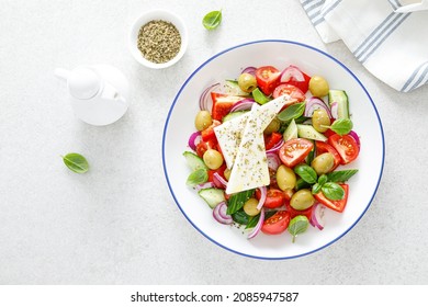 Greek Or Horiatiki Salad With Fresh Vegetables And Feta Cheese, Dressed With Olive Oil, Traditional Greek Cuisine Salad