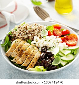 Greek Inspired Lunch Bowl With Chicken, Quinoa, Feta Cheese And Olives