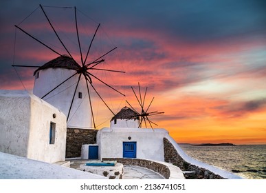 Greek Islands, Greece. Kato Mili are iconic windmill of the island of Mykonos, Cyclades.
