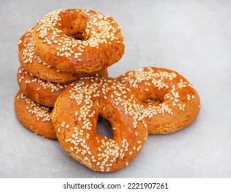 Greek Koulourikia Biscuits On Mottled Grey With Copy Space