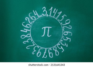 The Greek letter Pi is drawn in chalk on a green school blackboard in a circle of numbers