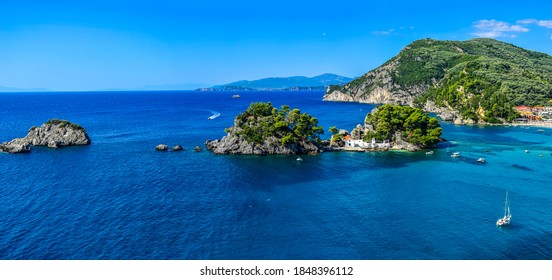Greek mountain sea island view. Sea boat at Greek island