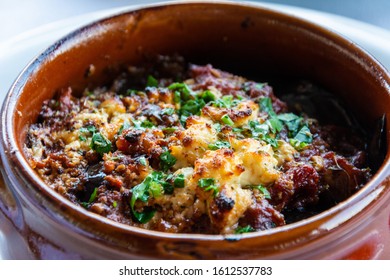 Greek Moussaka In A Clay Pot.