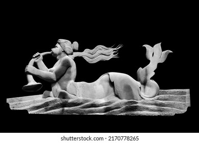 In Greek Mythology, Aeolus God And Keeper Of The Winds. Aeolus Blowing The Horn And Caused The North, South, West And East Winds Over The Sea And Making A Storm. Horizontal Image.