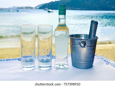 Greek Ouzo At A Tavern In Front Of The Sea - Cyclades Greece