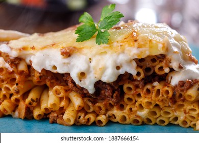 Greek Pastitsio Dish On A Blue Plate