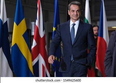 Greek Prime Minister Kyriakos Mitsotakis Arrives To Attend In An European Union Summit In Brussels, Belgium On October 17, 2019.