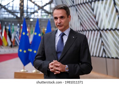 Greek Prime Minister Kyriakos Mitsotakis Arrives To Participate In A Special Meeting Of The European Council In Brussels, Belgium On May 24, 2021.