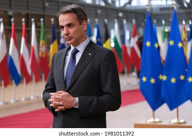 Greek Prime Minister Kyriakos Mitsotakis Arrives To Participate In A Special Meeting Of The European Council In Brussels, Belgium On May 24, 2021.