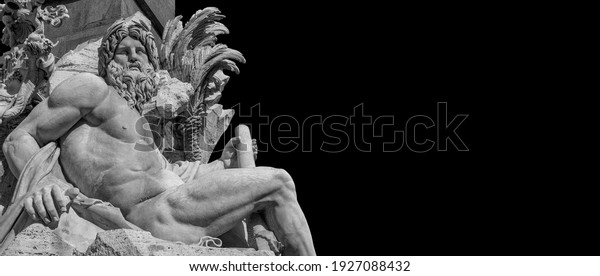 Greek or\
Roman God. Marble statue of River Ganges statue from baroque\
Fountain of Four River, erected in the 17th century in the historic\
center of Rome (Black and White with copy\
space)