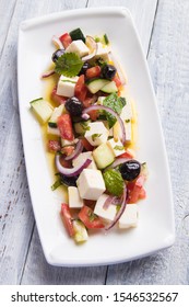 Greek Salad With Feta Cheese Cubes And Fresk Vegetables