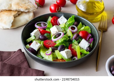 Greek Salad With Feta Cheese, Tomatoes, Cucumbers, Peppers And Kalamata Olives. Healthy Eating. Vegetarian Food