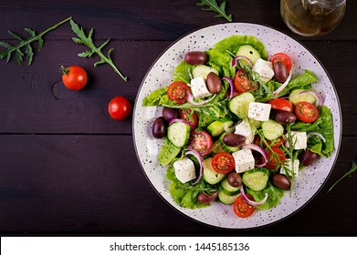 Greek Salad With Fresh Vegetables, Feta Cheese And Kalamata Olives. Healthy Food. Top View