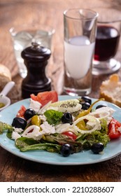 Greek Salad On Dark Wood