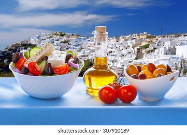 Greek Salad  On Santorini Island In Greece