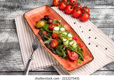 Greek Salad, Greek Salad On A White Background, Side And Top View