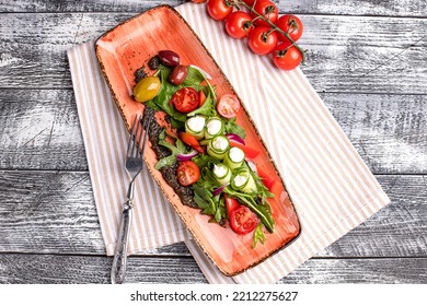 Greek Salad, Greek Salad On A White Background, Side And Top View