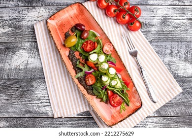 Greek Salad, Greek Salad On A White Background, Side And Top View