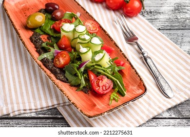 Greek Salad, Greek Salad On A White Background, Side And Top View